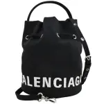 【BALENCIAGA 巴黎世家】簡約電繡LOGO素雅帆布迷你手提水桶包兩用包(黑)