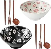 8 Inch Ceramic Ramen Bowl, Set of 2 Porcelain 40 oz Japanese Udon Soba Pho Asian Soup Noodle Bowls with Chopsticks & Spoons & Fork, Christmas & Birthday, Housewarming Gifts (Cherry Blossom)