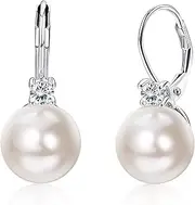 [Sanfenly] 925 Sterling Silver Pearl Earrings for Women 18k White Gold Plated Pearl Drop Earrings with Cubic Zirconia Pearl Earrings Leverback Dangle Stud Large Pearl Earrings With Gift Boxed