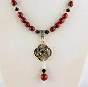 Merlot, Cranberry Red Freshwater Pearl Necklace with Celtic Knot Focal Pendant