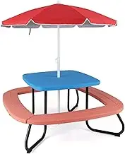 Costway Kids Picnic Table w/Height Adjustable Umbrella, Children HDPE Outdoor Table w/4 Benches for 8 Kids, Sturdy Metal Frame, Indoor Outdoor Activity Table for Toddlers Over 3 Years Old (Blue)