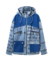 Desigual Hybrid Denim Urban Hooded Jacket Zip Patch Pockets Graphic Text Mens XL