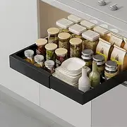 Expandable Pull Out Cabinet Organizer, 3 Heavy Duty Rails (32-52 cm), 6 Partition Panels, Adhesive Nano Film for Kitchen, Pantry, Bathroom