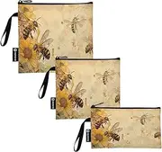 RPLIFE Vintage Bees Sunflowers Snack Bags and Sandwich Bag Reusable Washable Fabric Food Storage Pouch with Zipper for Students (Set of 3: S/M/L)