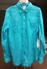 Stylus Women's Top Blouse Island Teal Long Sleeve Button Front Cotton Small c