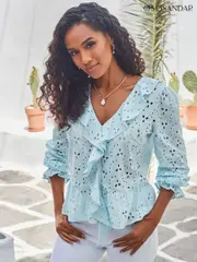 Sosandar Blue Broderie Ruffle Detail 100% Cotton Blouse (E68442) | $127