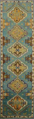 Handmade Light Blue Kazak Runner Rug 2x10 Ft Traditional Oriental Wool Carpet