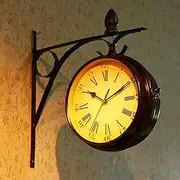Wall Clock Art Clock Outdoor Garden Wall Clock, 13 Inch Classical Station Wall Clock Double Sided Garden Clock with Bracket Waterproof Outdoor Clock Wall Decor Clock