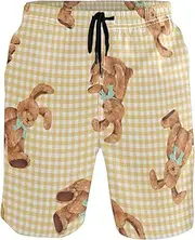 [GuoChe] Mens Swim Trunks Cute Rabbits Yellow Plaid Quick Dry Beachwear Sports Running Swim Board Shorts Bathing Suits Mesh
