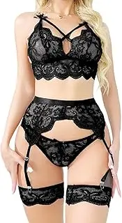 [Generic] Sexy Lingerie Sets for Women 5 Pieces Garter Belt Lace Bra and Panty Set Matching Thigh Cuffs and Stockings