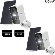 2x ieGeek 2K 3MP Solar Security Camera WiFi 5200mA Battery Powered CCTV+64G Card