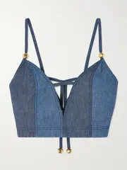 [LOEWE] LOEWE - + Paula's Ibiza Cropped Cutout Embellished Denim Bustier Top - Blue - FR 40 FR 40 Blue