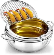 Kimilx Deep Fryer Pot, Japanese Style Tempura Deep Fryer Frying Pot With Thermometer, Lid, Oil Drip Drainer Rack for French Fries Fish Shrimp Chicken 7.9 Inch 2.2 L