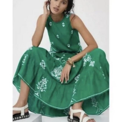 Anthropologie Womens Embroidered Mitra Peasant Skirt Green Pockets Maxi 4 NWT