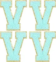 sourcing map Chenille Letter Patches 2.2" Self Adhesive Alphabet V Stick on Embroidered Patch Sew on Letter Stickers Applique for Repairing Clothing Jeans Shoes Hats DIY(Blue, Pack of 4)
