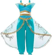 AUTOWT Belly Dance Jasmine Costume, Sequined Princess Dress Up Cosplay Aladdin Halloween Party Sleeveless Arabian Outfit Dress Cyan Skirt for Girls