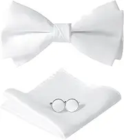 [HOULIFE] Bow Tie Set for Men – Adjustable Pre-tied Bowtie, Satin Polyester Bow Tie, Solid Colour Pocket Square, Cufflinks Set for Groom Wedding Party Formal with Gift Box