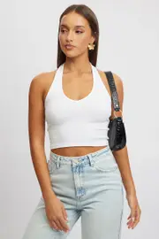 White Halter Top Sleeveless Rib - Size 16XL, Women's Tank