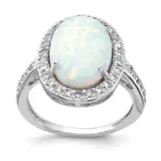 Sterling Silver Cabochon Lab Created Opal & Cubic Zirconia Halo Ring Size 6