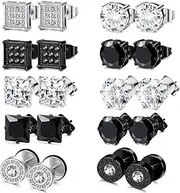 [XSDSLS] 10 Pairs of Men's Stainless Steel Round Square Cubic Zirconia Earrings Black Silver Diamond Earring Studs Fake Plugs Ear Jewellery Piercing for Men, Einheitsgröße, Stainless Steel, No Gemstone