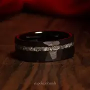 Black Mens Wedding Band Meteorite Tungsten Carbide Hammered Mens Wedding Ring