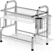 iSPECLE Dish Drying Rack, 304 Stainless Steel 2-Tier Rack with Silver