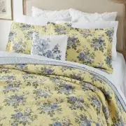 NEW! ~ COZY COTTAGE YELLOW PURPLE LAVENDER LILAC GREEN LEAF BLUE ROSE QUILT SET