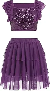 [ODASDO] Women Lyrical Dance Costumes Sequin Tank Crop Top + Mesh Tulle Leotard Skirt Two Piece Outfit XS-XL
