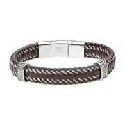 Stainless Steel and Brown Leather Bracelet with Magnetic and Extended Clasp