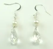 Clear Crystal Briolette Dangle/ Drop Earrings with Faux Pearls Handmade Jewelry