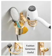 Hair Dryer Holder With Cup Golden Aluminium Households Rack Shelf Bathroom Decor