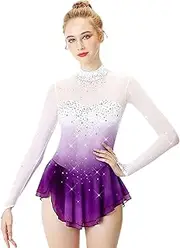 [Zagitova] Figure Skating Dress for Girls Shiny Rhinestones Mesh Long Sleeves Dance Dresses Gradient Dancewear
