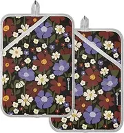 Oven Pot Holders Heat Resistant Red-Purple Floral Potholders with Pockets Oven Hot Pads for Kitchen Oven Mitts 2 Pack