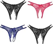 [YIOTMOP] Mini Thong Women's Sexy Lace G-String Panty Low Waist Bikini Underwear Hipster Soft Flowers Hole Erotic Panties Open Crotch Lace Lingerie with Open Crotch Briefs Pack of 4, Black+Red+Blue, One