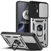case For Moto Edge 30 Neo Slide Camera Lens Protection and Built in 360 Rotatable Ring Holder - Silvery
