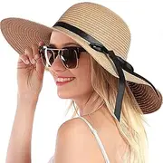 [Cauplse] Womens Straw Hat Floppy Sun Hat for Women Beach Straw Cap Breathable Summer Wide Brim Foldable Roll Up Beach Hats with Bowknot UV Protection UPF50+ Adjustable, Khaki