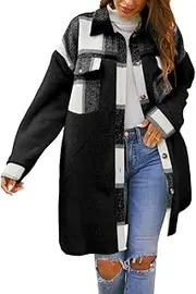 [Feziakuk] Women's Coat, Flannel Duffle Coat, Casual Lapel, Checked Jacket, Warm Medium Length Wool Coat, Autumn, Winter, Single-Breasted Cashmere Coat, Women's Winter Coat