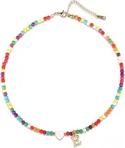 [Mikovivi] Initial Beaded Necklace, Colorful Cute Beaded Necklace with Heart Shells Stylish Letter Pendant Necklace Handmade Personalized A-Z Gifts for Women Girls