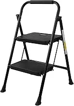 JFHID Folding Step Ladder 2 Step, Heavy Duty Steel Ladder with Non-Slip Rubber Feet & Release Button, 200kg Capacity Portable Lightweight Step Stool for Home Kitchen Bathroom (Black)