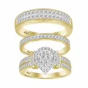 1 cttw Diamond Trio Wedding His Hers Set Band Ring Pear Shaped 10k Yellow Gold