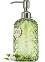 18Oz Tea Green Soap Dispenser with Rust Proof Pump, Refillable Glass Soap Dis...