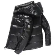Men Shiny Down Jacket - Winter Stand Collar Hooded Jacket For Men Black M