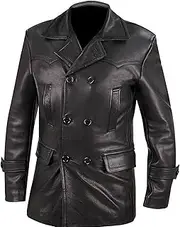 [Spazeup] WW2 German World War 2 Submariner Black Vintage Leather Jacket Pea Coat