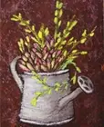 Potted succulent cactus oil painting, Vintage copper watering can wall art
