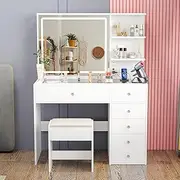 Advwin Dressing Table with Mirror and Lights, Makeup Vanity Table with Drawers & Shelves & Glass Desktop, Vanity Desk Stool Set with LED Strip and Charging Station, White