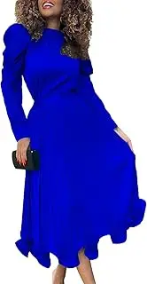 [LUXRUB] Womens Elegant 2 Piece Skirts Outfits Half Turtleneck Pleated Puff Long Sleeve Top Ruffle Midi Skirt Set Cocktail Wear (Color : Blue, Size : X-Large)