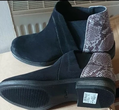 Clarks Demi Beat Ladies Black Combi Snake Suede Leather Boots UK Size 7 D EU 41