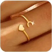 [Honsny] Gold Initial Rings for Women Non Tarnish 18K Gold Plated Heart Initial Stackable Rings Adjustable Pinky Rings for Teen Cute Dainty Alphabet Capital Letter Rings Jewerly Gift