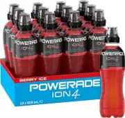 Powerade ION4 Berry Ice Isotonic Sports Drink 12 x 600ml Sipper Cap Bottles