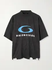 [Balenciaga] Balenciaga - Cropped Distressed Printed Cotton-jersey T-shirt - Black - 2 2 Black